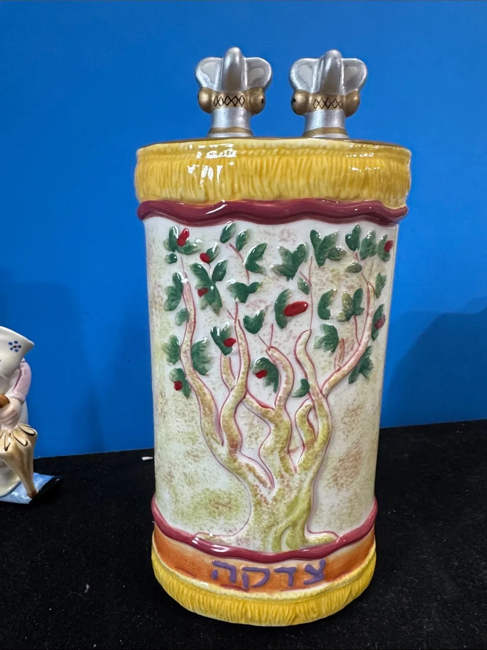 vintage hand-painted ceramic Tzedakah box (charity bank)  by Plaut Judaica.